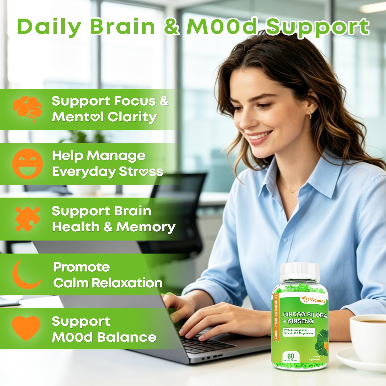 2 Packs 240mg Ginkgo Biloba Gummies, Supports Healthy Brain Function, Mood and Memory Support for Adults, 120 Cts — Amazon image 2