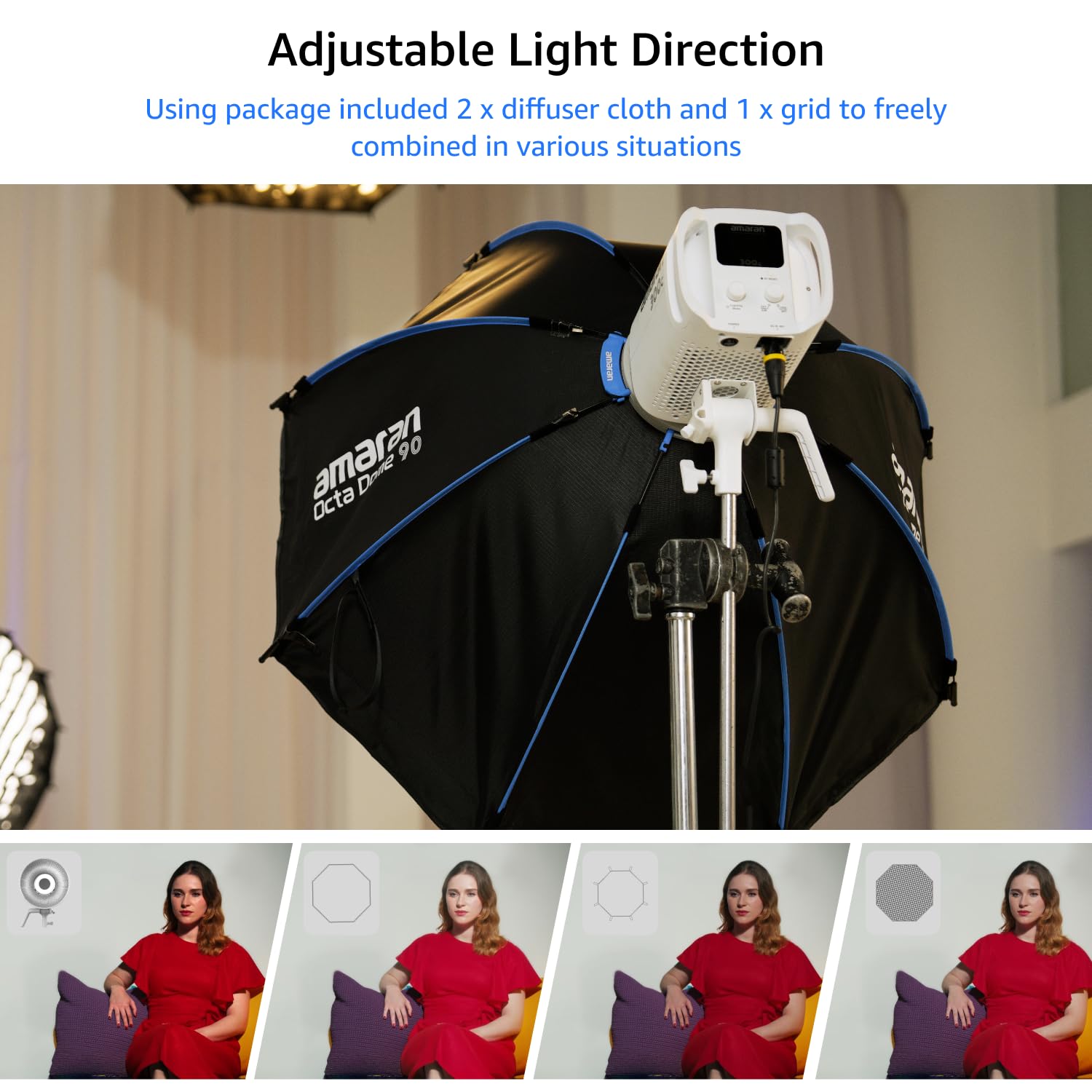 Amaran Octa Dome 90 Softbox Octagonal con Montura Bowens, Modificador de Luz de Rápida Instalación con Difusión & Rejilla para Retratos & Entrevistas en Estudio, Portátil con Bolsa
