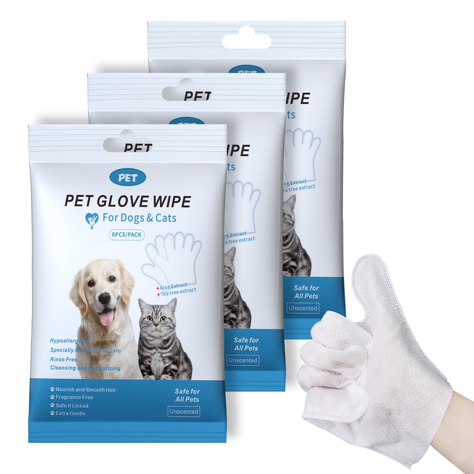 Pet Glove Wipes, Cleaning and Deodorizing Grooming Gloves, Dog Wipes for Daily Personal Grooming, Pet Grooming Wipes for Cats, Odor and Fragrance Free, 3 Pack/18 Pack