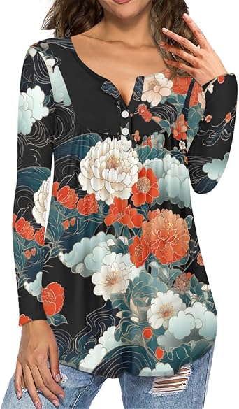 Pinupub Women Flowy Tunic Tops Fall Comfy Long Sleeve Crewneck Henley Swing Shirt Womens Spring Button Up Shirts