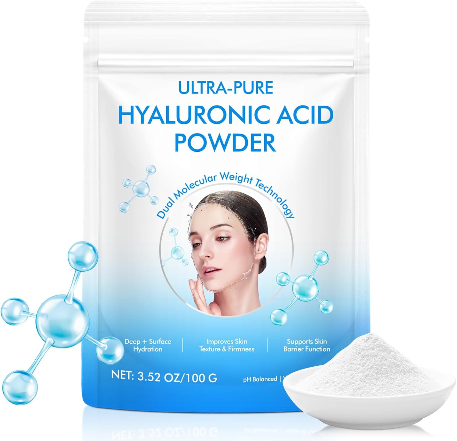 Hyaluronic Acid Powder, Hyaluronic Acid Skin Care, Anti-Aging Serum, Deep Moisturizing, Improves Skin Texture, Firming Skin, Vegan & Cruelty Free 100G