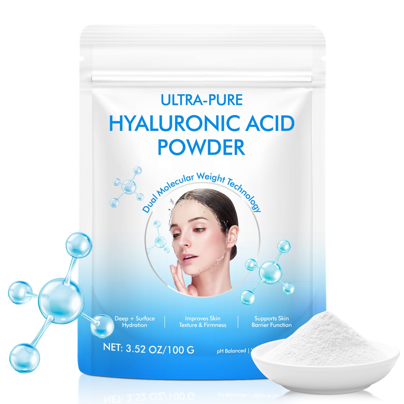 Hyaluronic Acid Serum Powder for Skin,Low and High Molecular Weight,Cosmetics Grade Skin Hydration and Moisture Support Supplements - Vegan, Water Soluble 3.52 oz