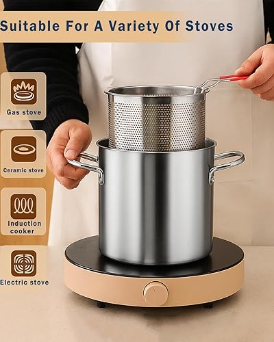 Miniatura 4 de Olla de acero inoxidable de 3.2 cuartos de galón con cesta y tapa, colador de aceite para freír pescado, camarones, pollo y papas fritas, olla