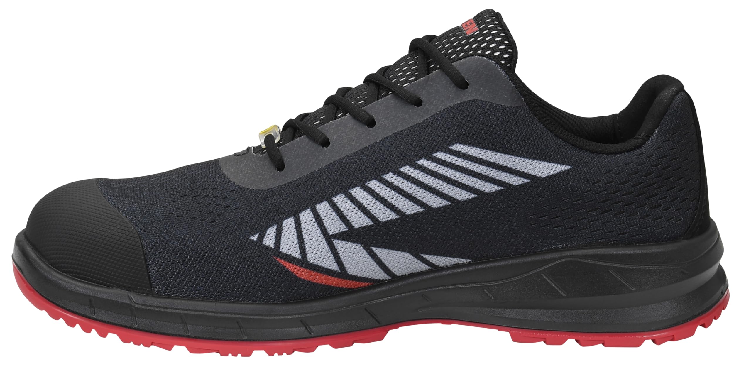 ELTEN Obuwie ochronne Larkin XXSports Black-Grey Low ESD S1P, dla kobiet i mężczyzn, tekstylne, stalowe noski, lekkie, sportowe, czarne/czerwone