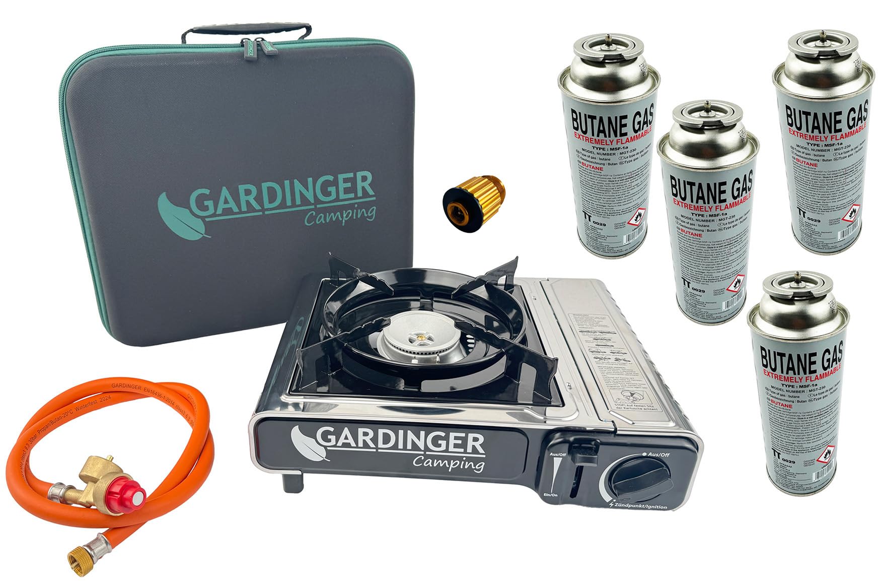 GARDINGER Campingkocher Safety Camp Allgas Piezo Zündsicherung Set mit Vier Kartuschen
