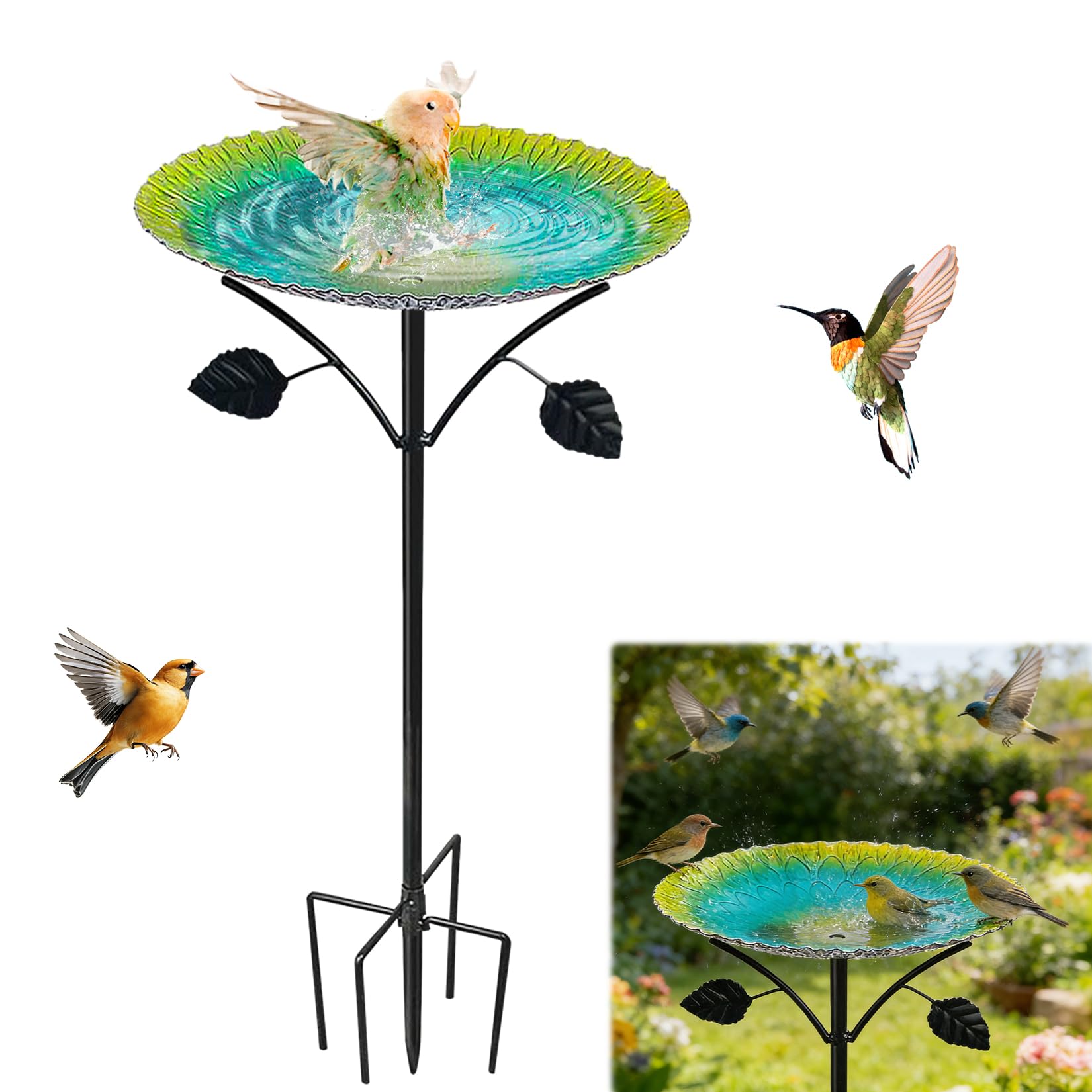 Bain d'oiseaux sur Pied, 24,5 x 83 cm, dégradé Jaune-Turquoise, avec Piquet de Fixation