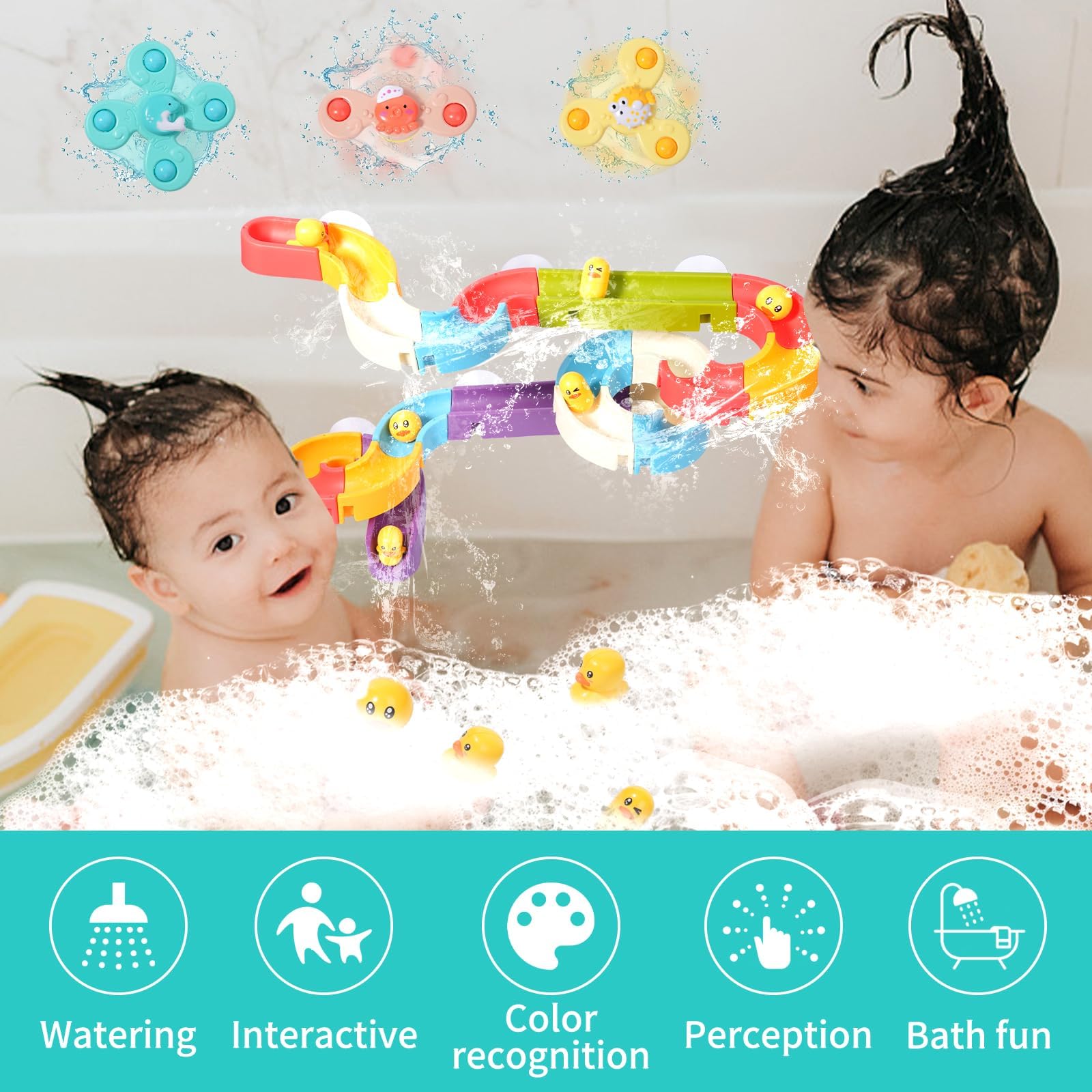 Juguetes de baño para niños pequeños (37 piezas) pista de juguete de baño con 3 ventosas giratorias, juguetes de baño para niños de 4 a 8 años, regalos de cumpleaños para niños pequeños a 3