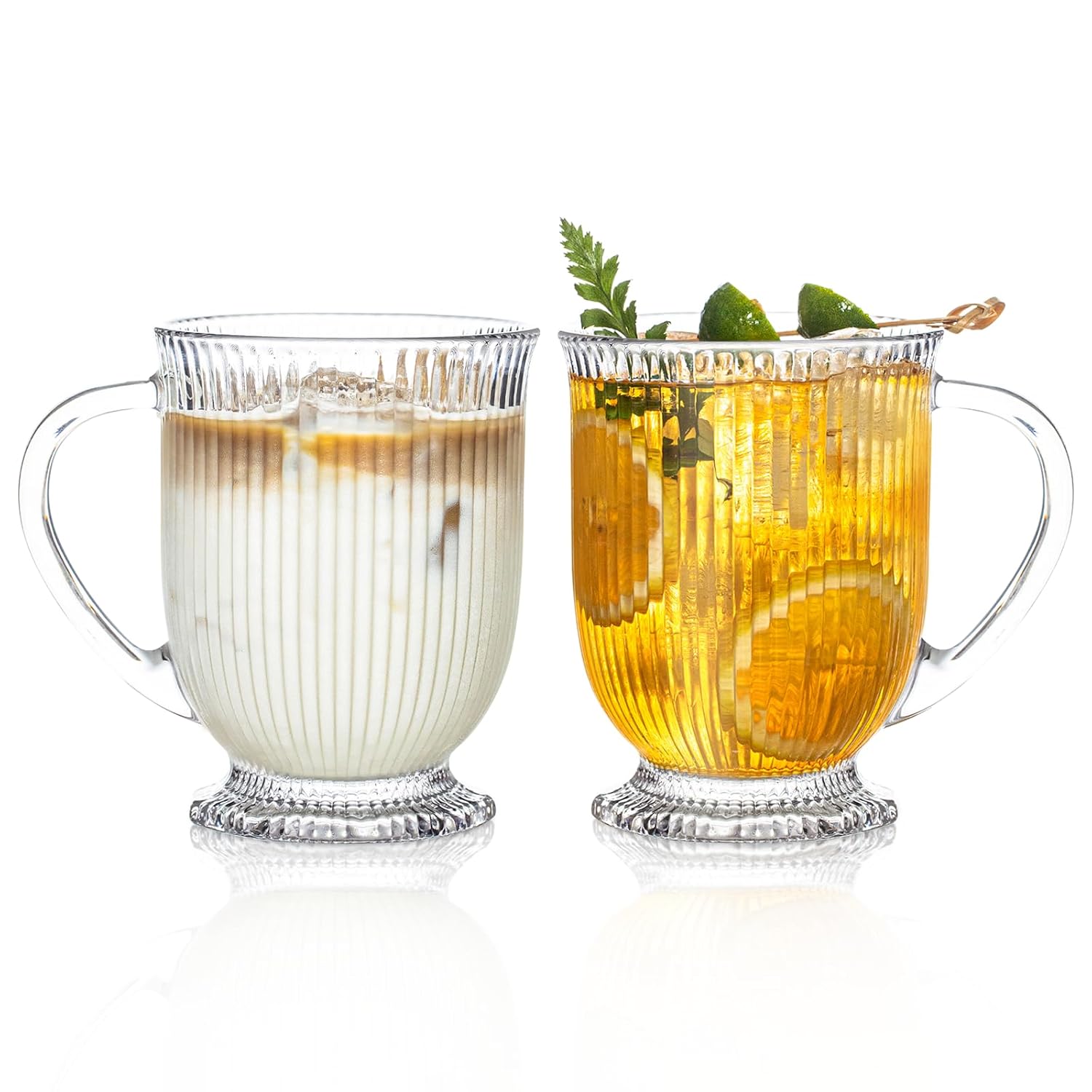 KEMORELA Ribbed Glass Coffee Mug Set 16oz Clear Glass Mugs with Handle Bar Accessories Durable Drinkware for Hot