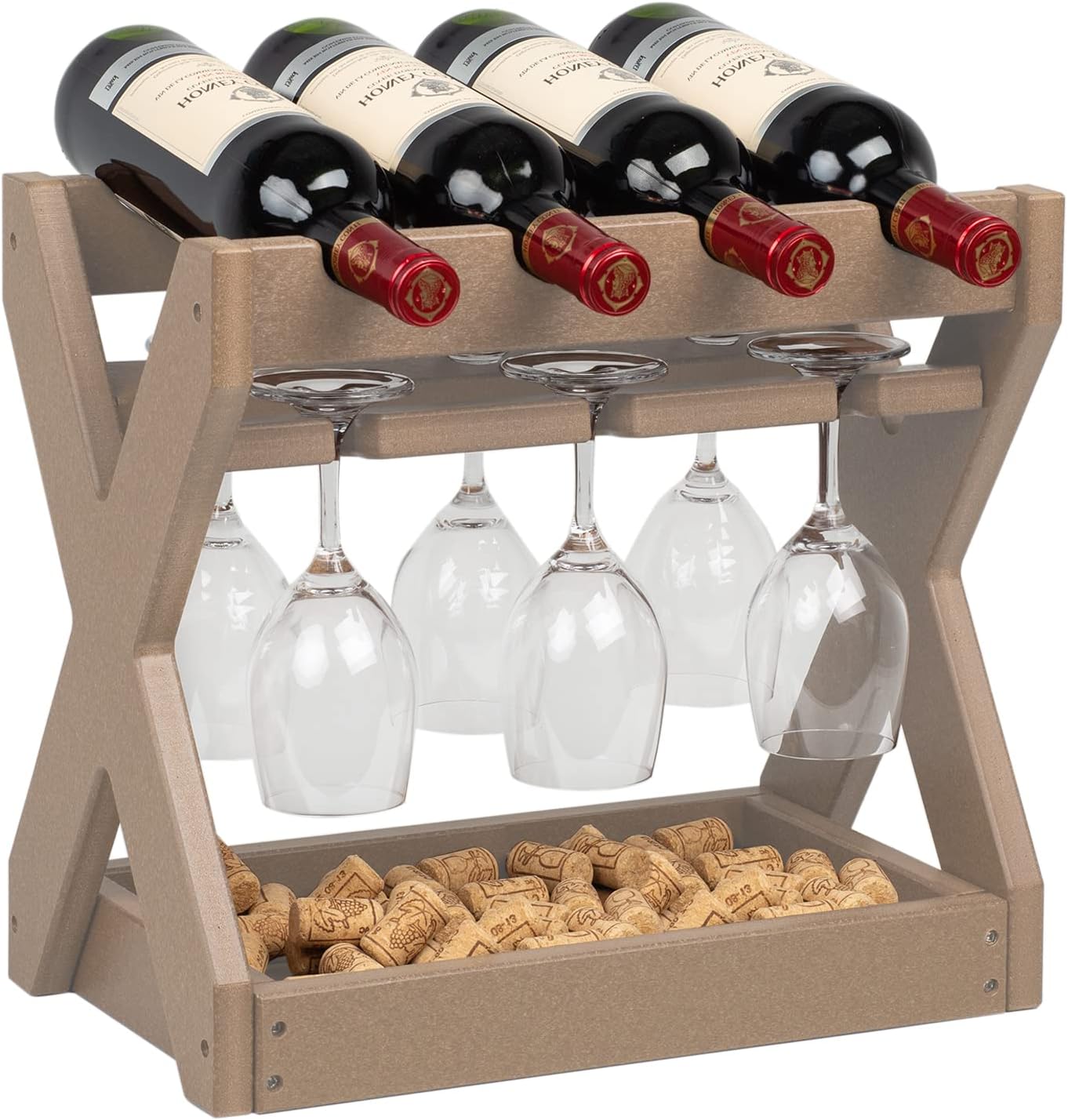 KORVOSCountertop Wine Racks with Glass Holder，4 Bottles Small Wine Rack,High-Density PE Tabletop Wine Bottle Holder for Kitchen, Living Room, Wine Cellar,Bar(Apricot Color)