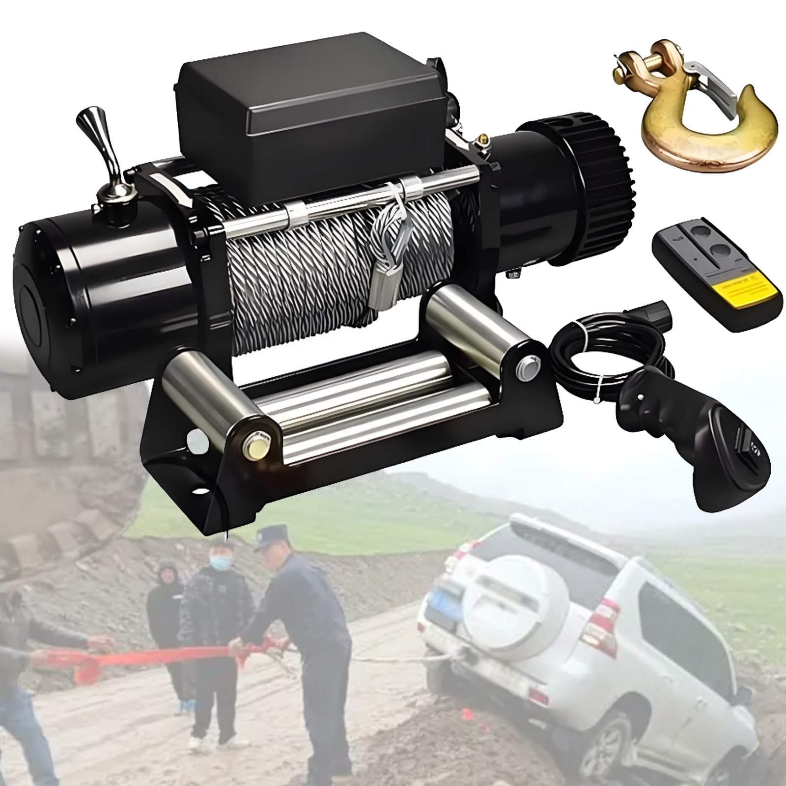 DOZPAL 3000/3500/4000/4500/6000LBS Electric Winch Kit - 12V/24V Steel Cable Winch with Wireless/Hand Remote Controller & Roller Fairlead 3500LBS