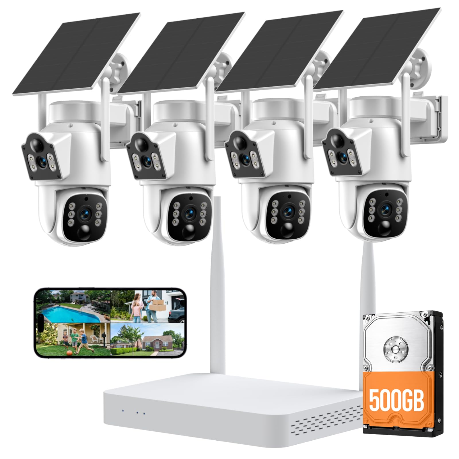 Camcamp Solar Security Cameras Wireless Outdoor, Dual-Lens Camera System | 4 Wireless Cameras 8 Views for Home Security, 10CH NVR with 500GB HDD, 360°PTZ, No Monthly Fee, 2K Color Night Vision