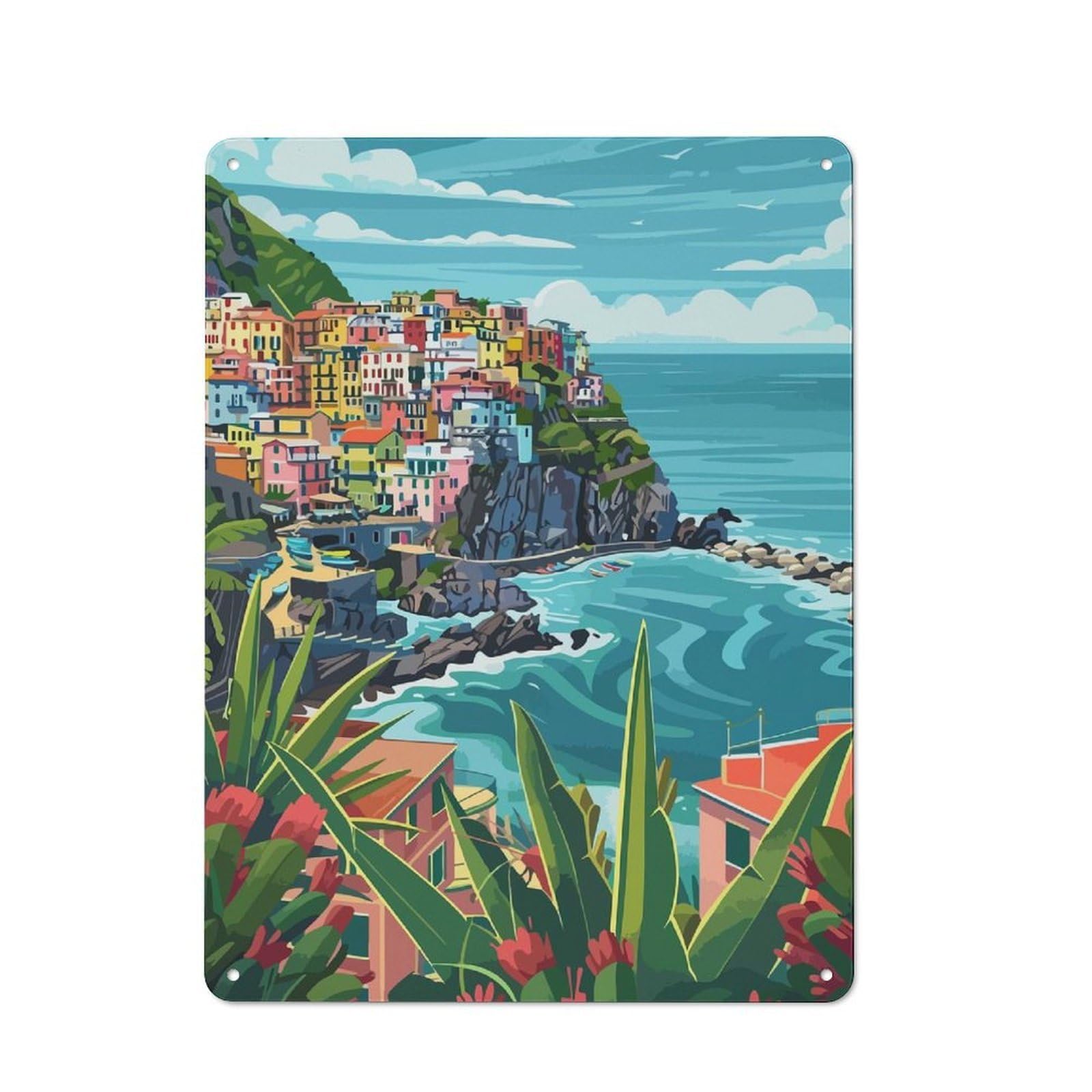 Junmoney Italy Cinque Terre Town Minimalist Art Workshop Style Metal Wall Decor 40X30cm, Tin Sign For Tool Room, Garage, Studio Or Home Bar