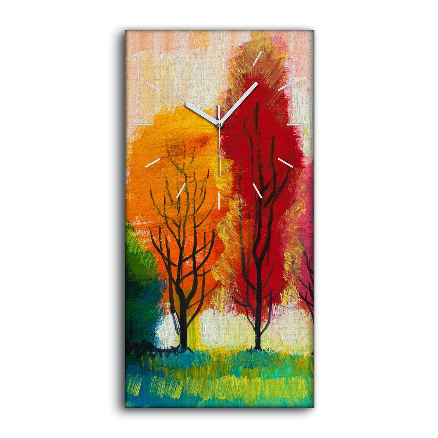 Horloge sur toile art moderne arbres peinture mains blanches decoration murale 30x60