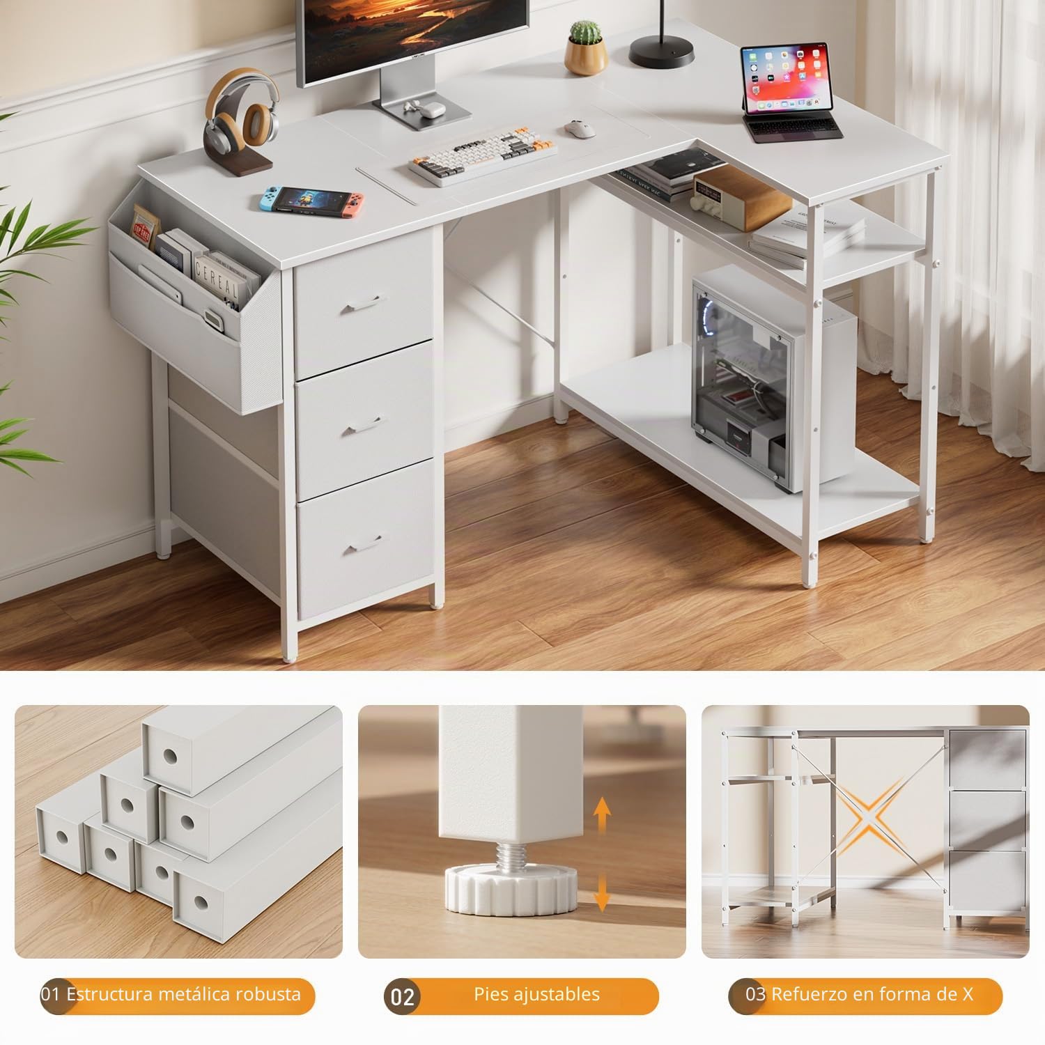 HLONONE Escritorio esquinero con 3 cajones de tela, 140 x 80 cm, escritorio para ordenador con espacio de almacenamiento, escritorio en forma de L con bolsillo lateral, mesa de ordenador con estantes