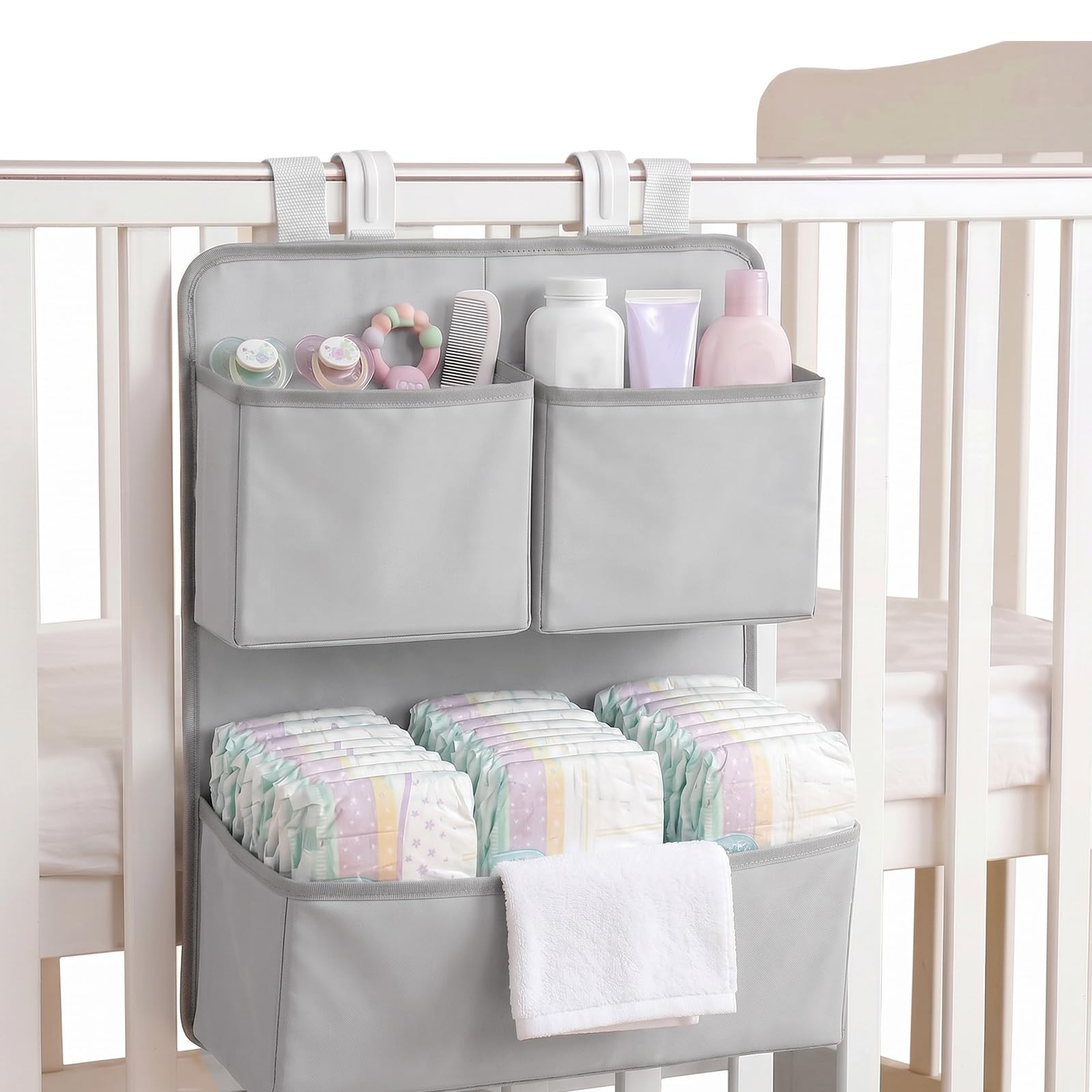 Qinglang Grey Hanging Nappy Organiser For Cot And Playpen 3 Compartment Baby Nursery Storage Bag With Hooks & Straps Nappy Caddy For Changing Table, Holds Nappies, Wipes And Baby Essentials