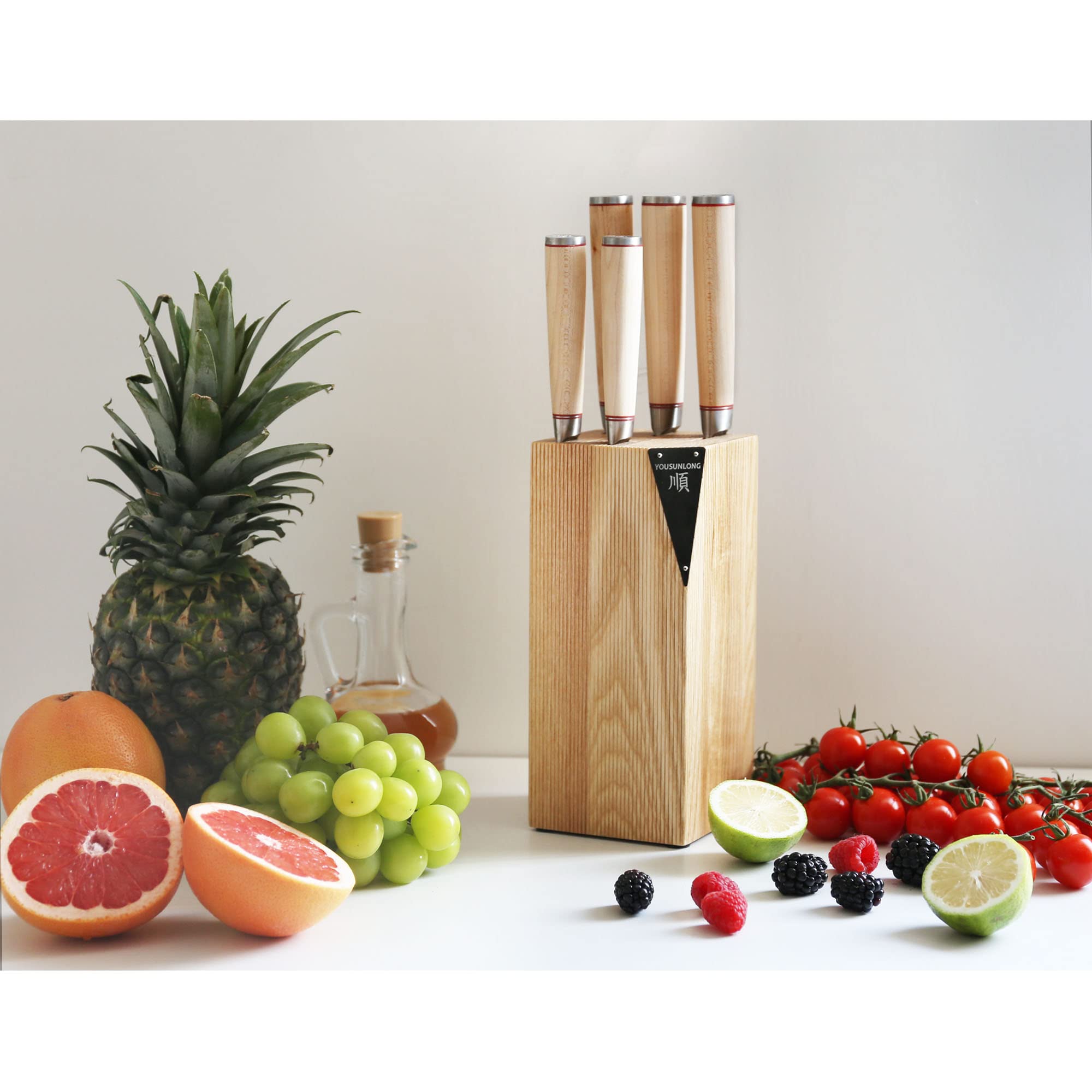 YOUSUNLONG Juego de cuchillos de cocina - 5 piezas - Acero de titanio negro AUS8 japonés - Bloque de cuchillos de madera natural Fraxinus Americana - Mango de arce canadiense