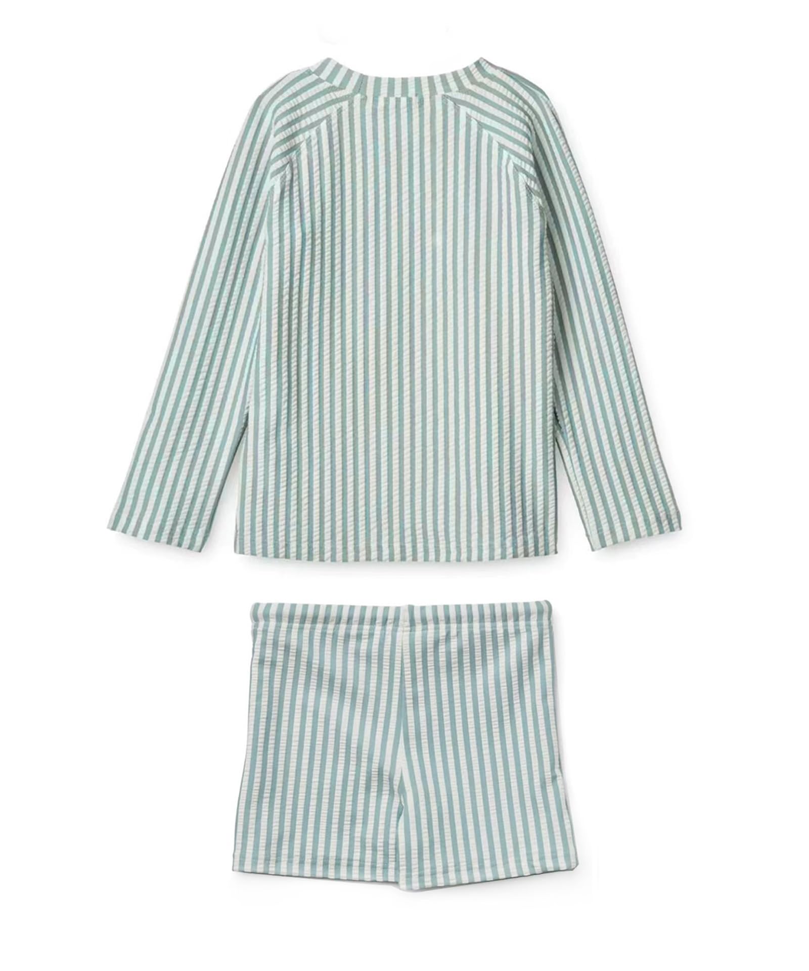 LDIOIF Toddler Boys Two Piece Swimsuit Rash Guard Set Long Sleeve Swim Shirt Swim Trunks& Shorts Blue Seersucker Bathing Suit