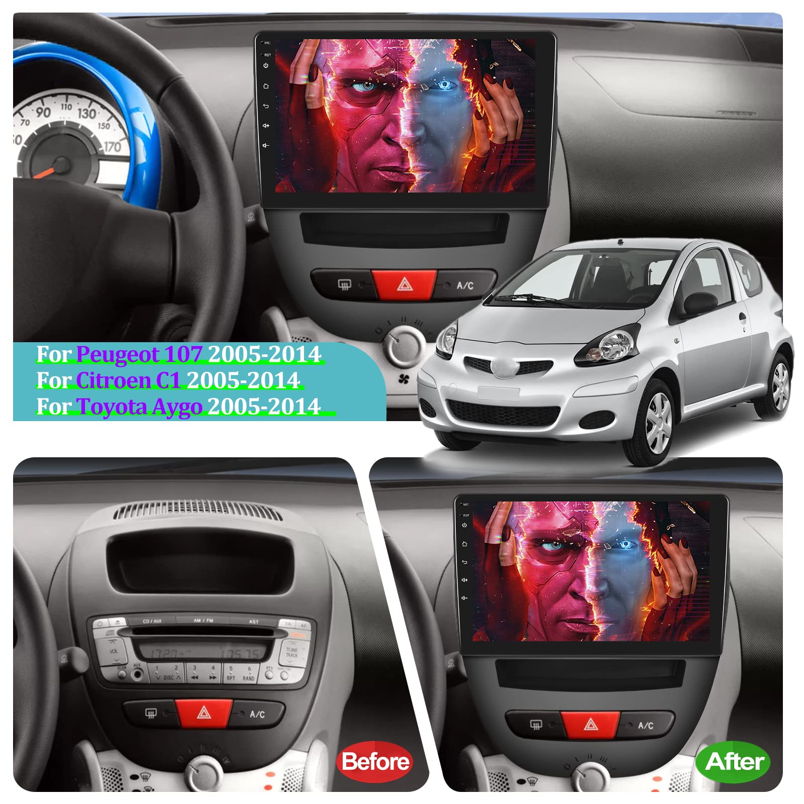 NHOPEEW 2 32G Android Autoradio für Peugeot 107 / Citroen C1 / Toyota