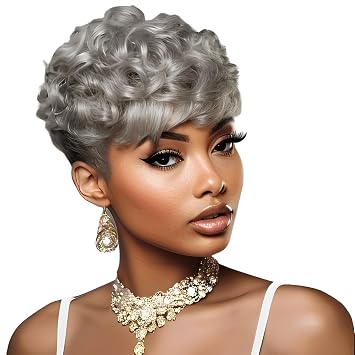 Short Gray Wigs for Black Women Grey Curly Pixie Cut Wig | Grey Curly Pixie Cut Wig Natural Hairstyles for Senior Women Clearance Gray With Bang Synthetic Wigs for Black Women