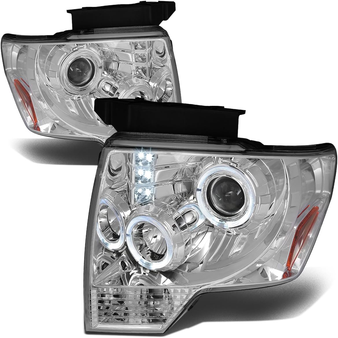 Auto Dynasty LED Halo Headlights Assembly Compatible with 2009-2014 Ford F-150, Driver and Passenger Side Dual Angel Eyes Halo Ring Projector Headlamps Replacement, Chrome Housing Amber Corner