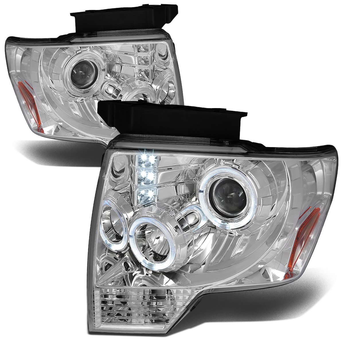 Auto Dynasty LED Halo Headlights Assembly Compatible with 2009-2014 Ford F-150, Driver and Passenger Side Dual Angel Eyes Halo Ring Projector Headlamps Replacement, Chrome Housing Amber Corner