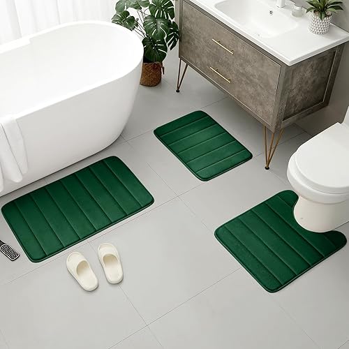 Miniatura 2 de BYSURE Juego de 3 alfombras de baño de espuma viscoelástica color verde oscuro, antideslizantes, extra absorbentes, juego de alfombras de baño