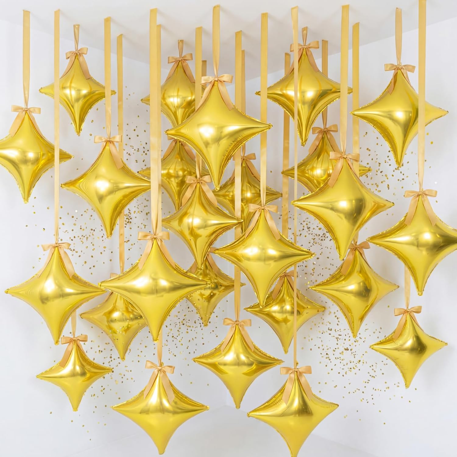 TaoBary 30 Set Gold Star Balloons, 26 Inch Large Four Angle Star Shape Foil Helium Balloons and Satin Ribbon Bows with Twist Tie for Birthday Graduation Anniversary Baby Shower Wedding Decorations