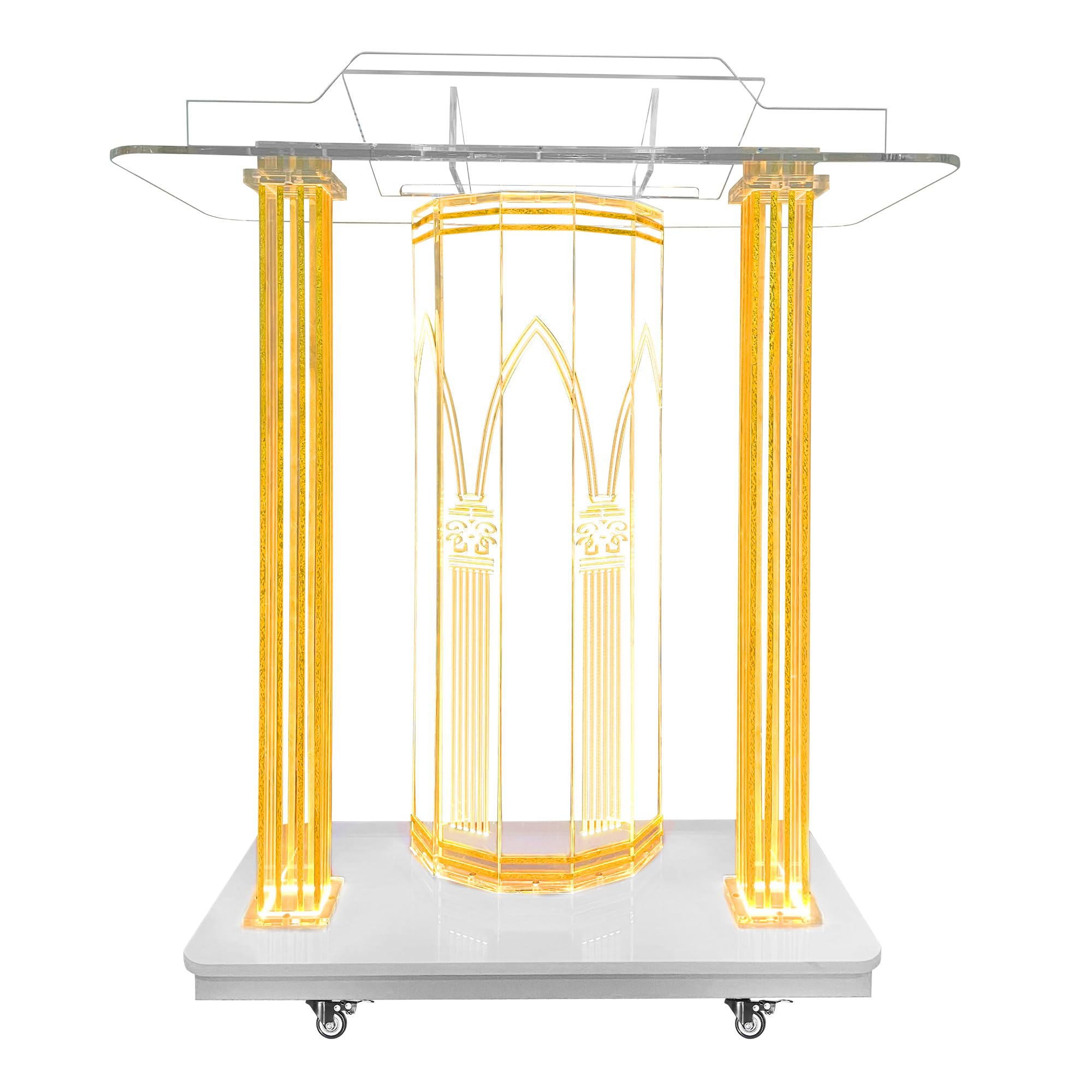 Church Pulpit,Acrylic Pulpit with Wheels,Golden Pattern Design,Led Acrylic Podium with Vertical Reading Platform, 46”Transparent Lecterns for Churches