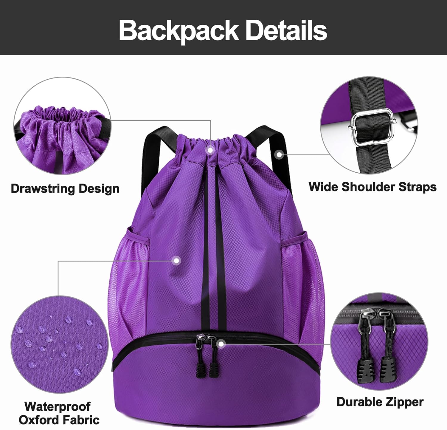 Hoedia Sports Drawstring Backpack - String Swim Gym Bag with Shoes Compartment and Wet Proof Pocket for Women/Men (Purple) - Image 5