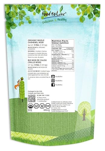 Miniatura 10 de Anacardos crudos orgánicos, 1 libra, sin OMG, enteros, grandes, nueces elegantes de primera calidad, sin sal, sin tostar, Kosher, vegano, a granel,