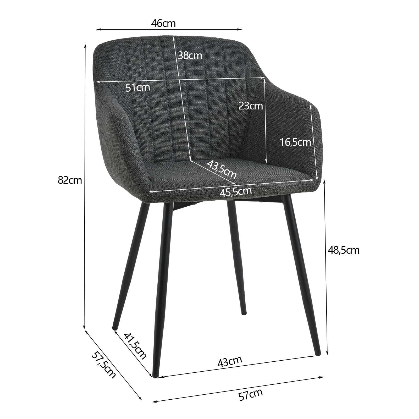 Goeurvant Set di 2 sedie da sala da pranzo con bracciolo, sedia da cucina, sala da pranzo, sedia da soggiorno con gambe in metallo e schienale, seduta in poliestere, Nero/Grigio