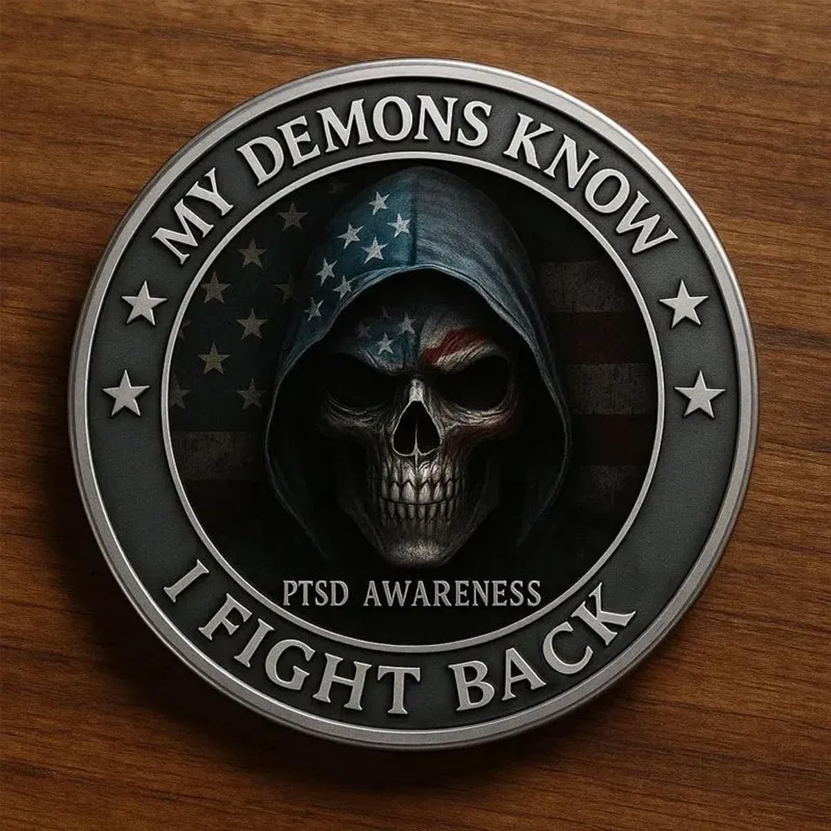 PTSD Awareness Veterans Challenge Coin, My Demons Know I Fight Back Challenge Coin, PTSD Courage Support Commemorative Coins for Veterans, Gifts for Veteran (1PC)