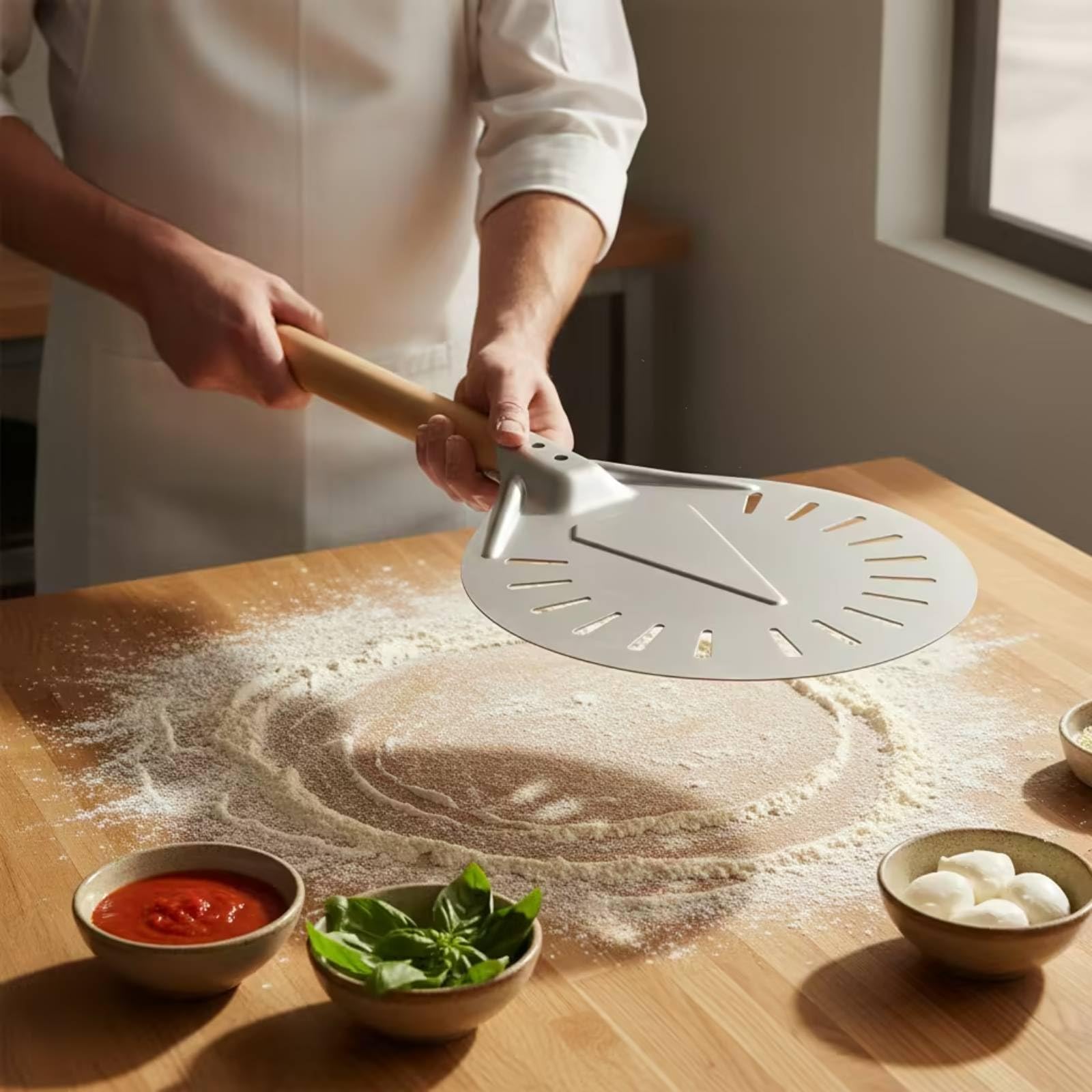 Pala Pizza Perforada Metálica Utensilio Antiadherente para Cocina, Negro