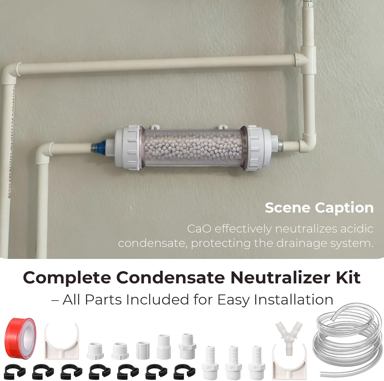 Lounsweer 1 Pcs Condensate Neutralizer Kit with 925g Ceramic Balls, Transparent Tube with Complete Fittings, Wall-Mount Clamps, PVC Tubing PTFE Tape, etc. for HVAC Furnace & Boiler Replaceable Media
