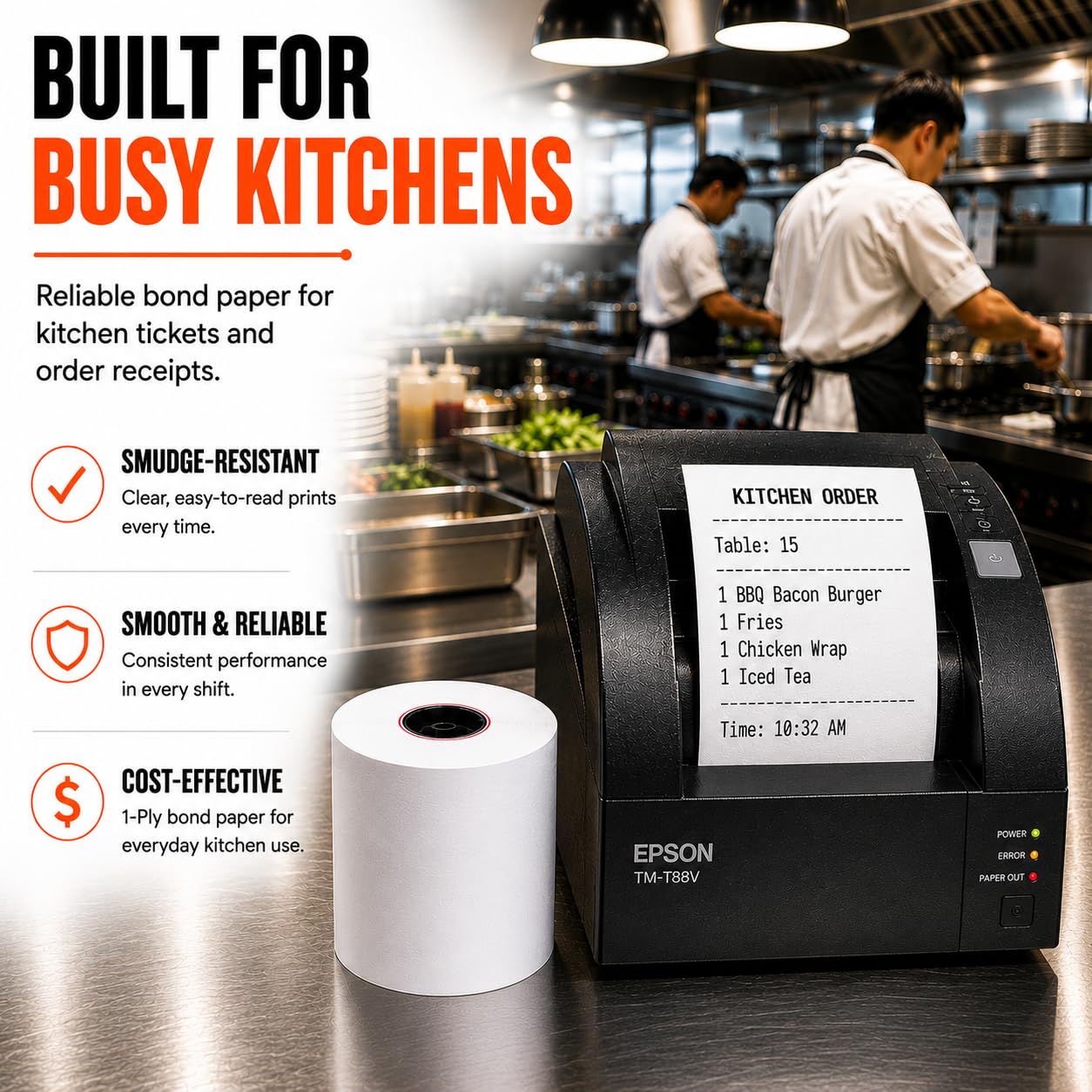 BAM POS Papel de recibo de cocina de 1 capa, 7,6 cm x 150 pies, color blanco (24 rollos) | Rollos de papel para restaurantes, hoteles y puntos de venta al por menor. Compatible con Star SP700, TM U200, SRP275