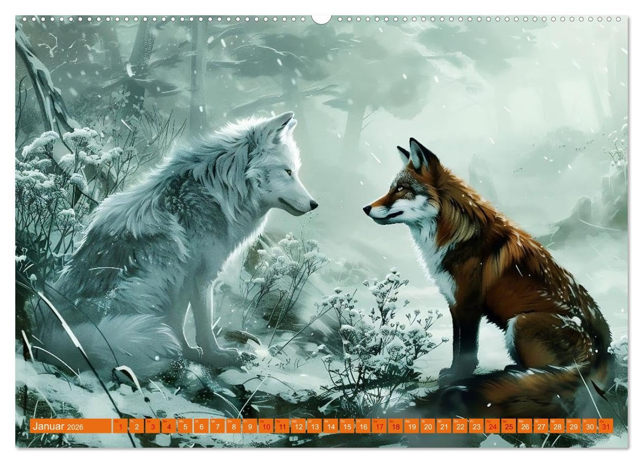 Von Füchsen und Wölfen (hochwertiger Premium Wandkalender 2026 DIN A2 quer), Kunstdruck in Hochglanz: Die Wächter uralter Geheimnisse (CALVENDO Tiere)