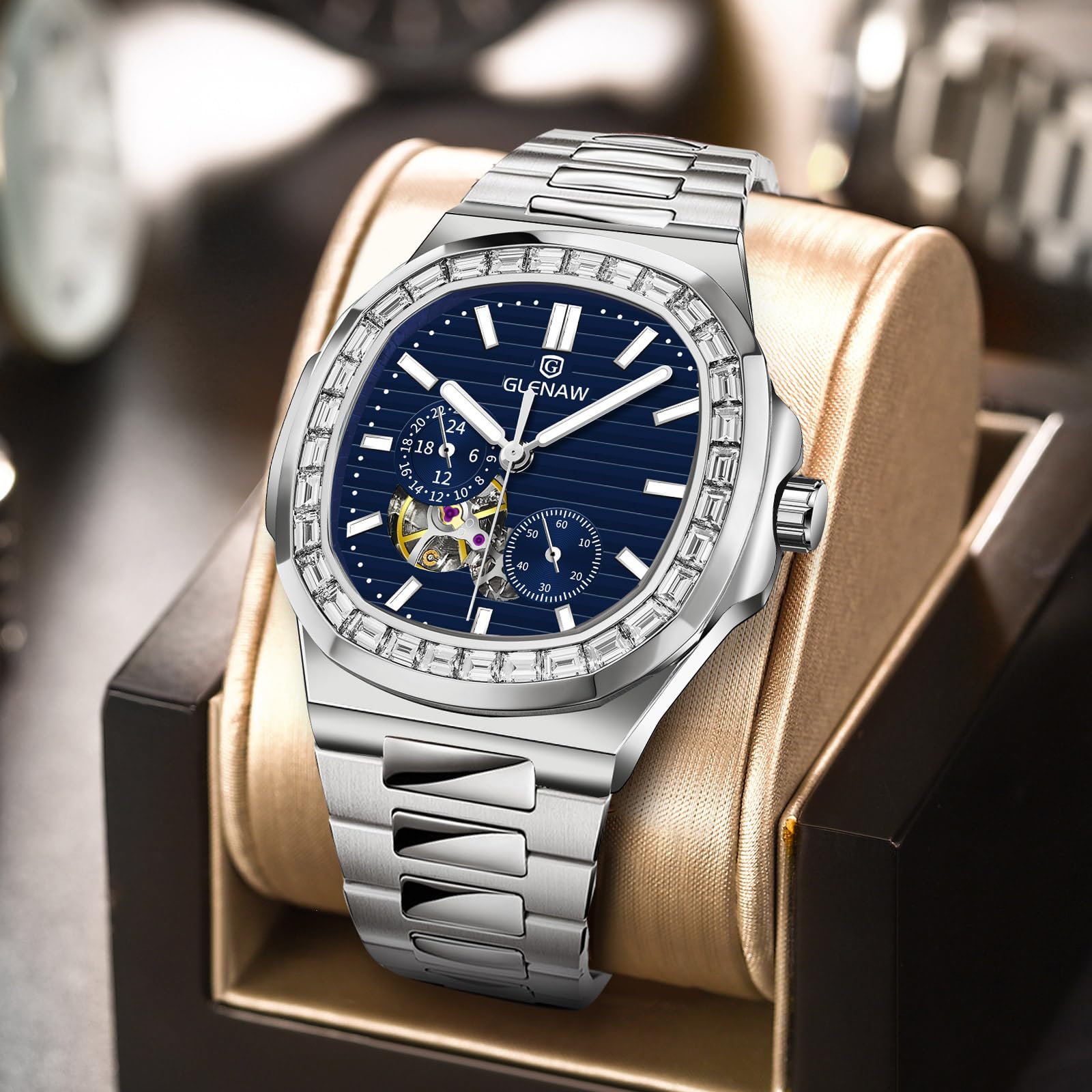 GLENAW Automatische Tourbillon-Uhren für Herren, quadratische Skelett-Uhr, Edelstahl, selbstaufziehend, mechanische Uhr, Armbanduhr