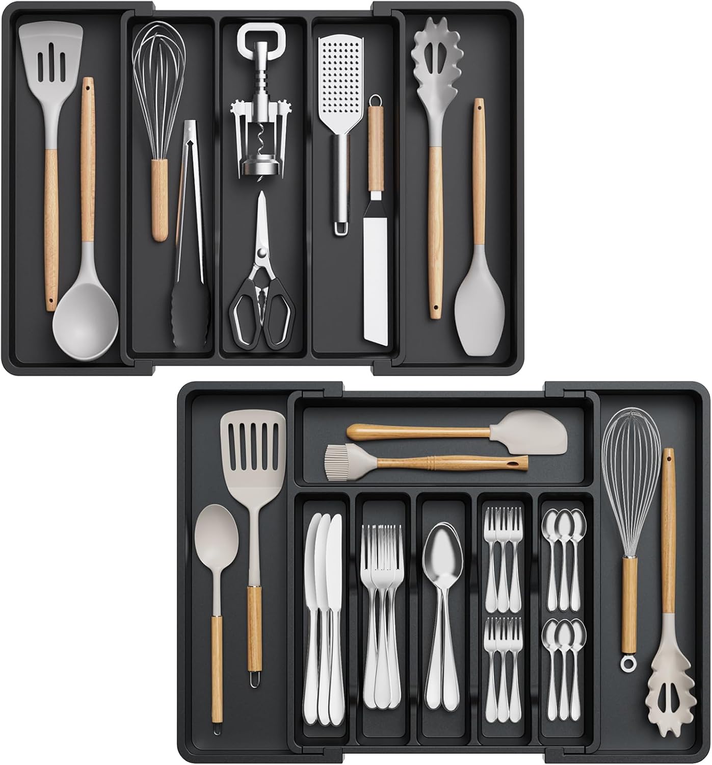 Lifewit Cooking and Silverware Drawer Organizer Set – Expandable from 13 to 22.4 inches, Adjustable Plastic Storage Trays for Cutlery, Flatware, Spoons, Forks and Knives, BPA-Free, Black