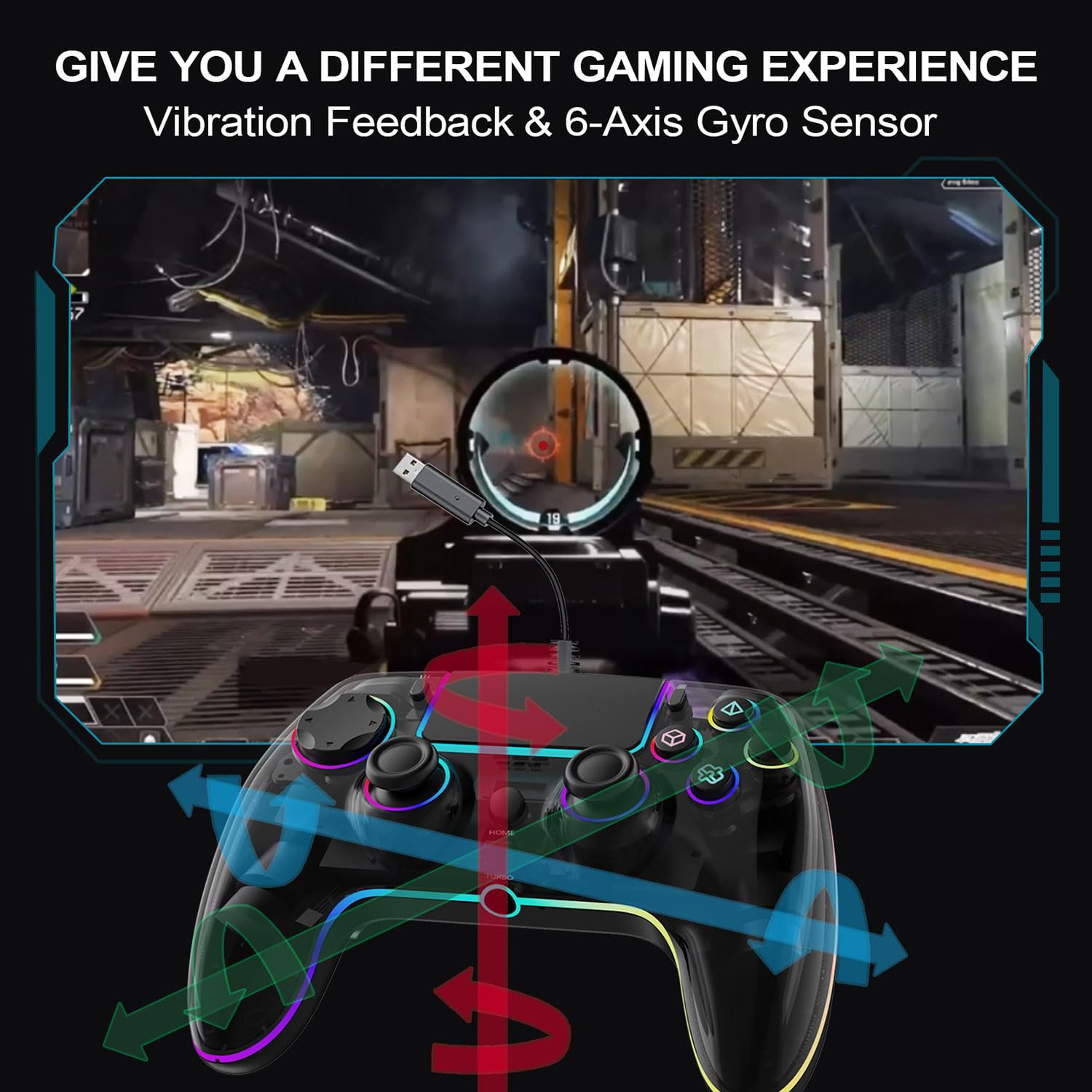Mando de juego con cable RGB para PlayStation 5 de repuesto con disparador de efecto Hall para PS-5 y PC con Windows, doble vibración, sensor de movimiento, joypad remoto con turbo, mapeo macro (negro