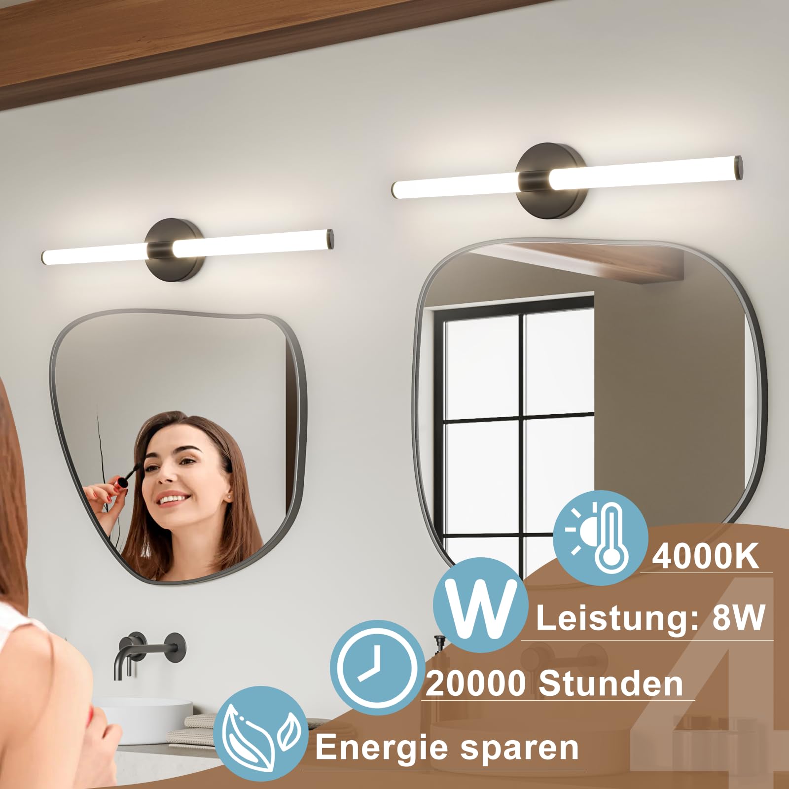 Homefire Lampada da specchio a LED Luce per specchio da bagno da 60CM | Applique da bagno nera da 8W impermeabile IP44 bianco neutro 4000K applique per corridoio camera da letto