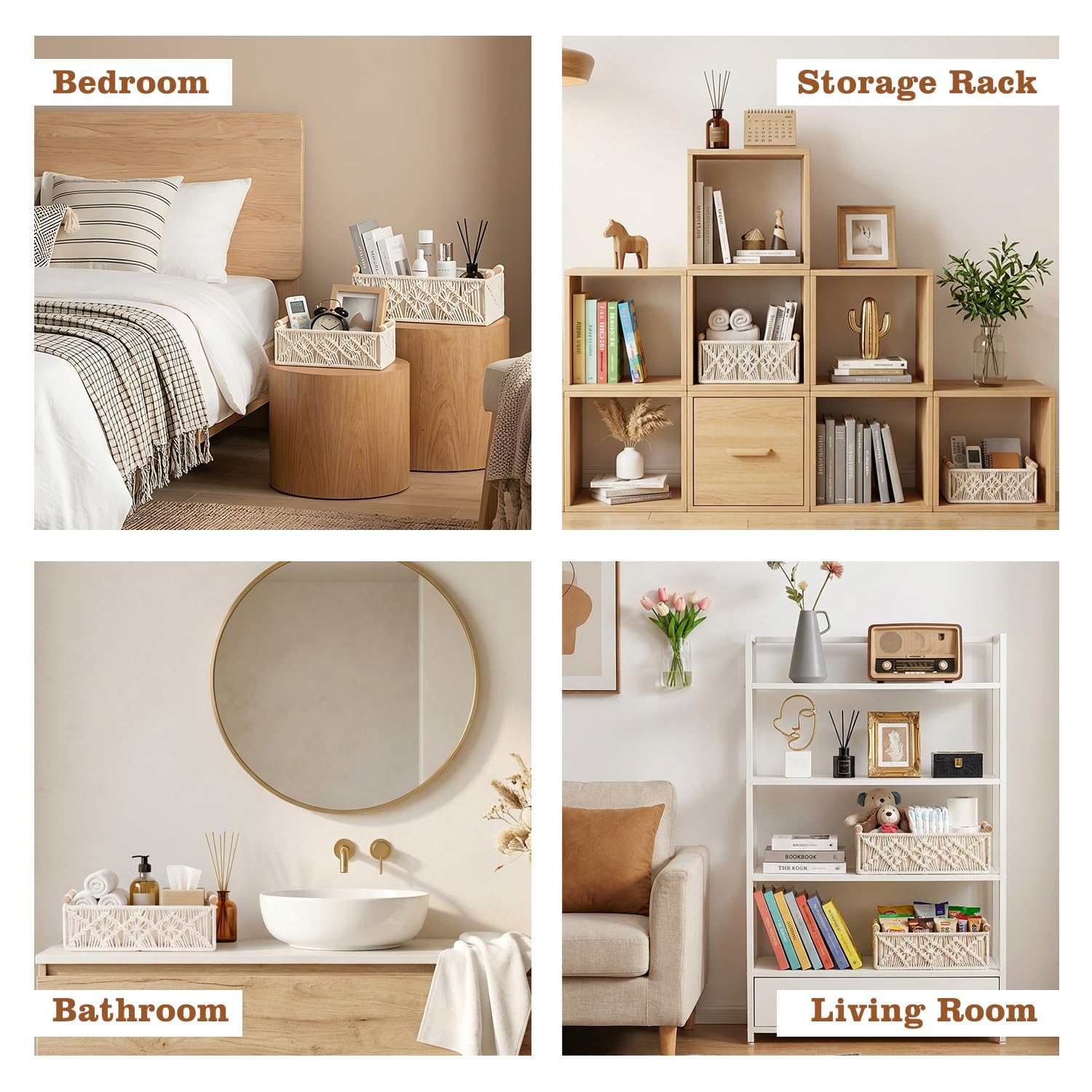 Cestini Portaoggetti In Macramè Set Di 4, Cestini Intrecciati Stile Boho | Manici In Legno E Rivestimento In Tessuto, Contenitori Decorativi Per Bagno Camera Armadio Casa