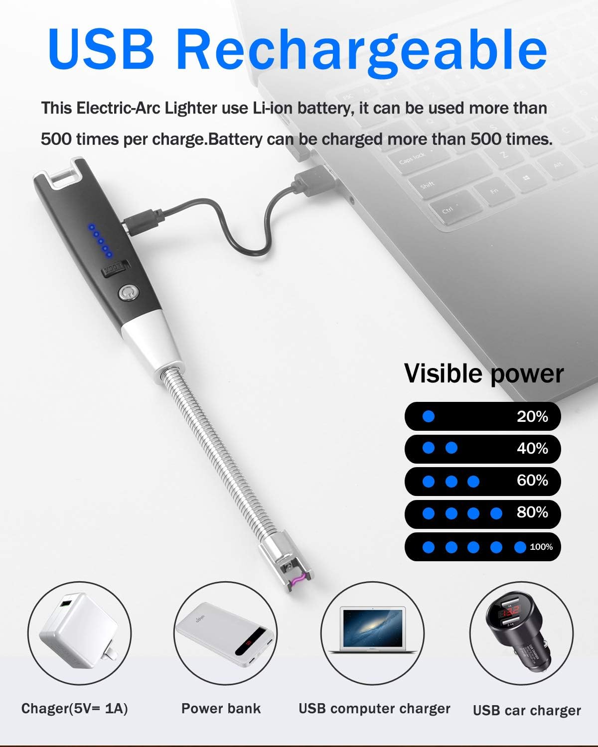 VEHHE Candle Lighter, Electric Rechargeable USB Lighter with LED Battery Display Safety Switch, Long Arc Windproof 360° Flexible Neck Lighter for Candle and Camping Barbecue (Black)