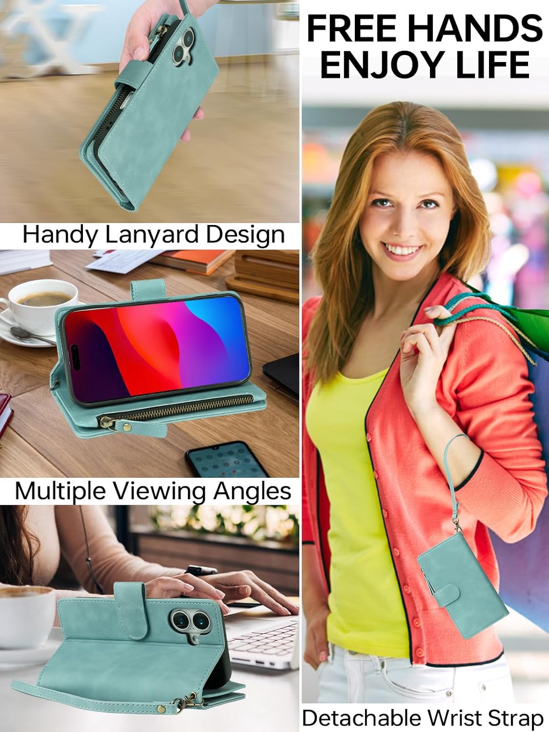 RANYOK Wallet Case Compatible with iPhone 17 Case, with 6 Card Holder RFID Blocking, PU Leather Zipper Flip Wallet Pocket, Kickstand, Wrist Strap | Protective Phone Cover for 17, Light Blue - Image 7