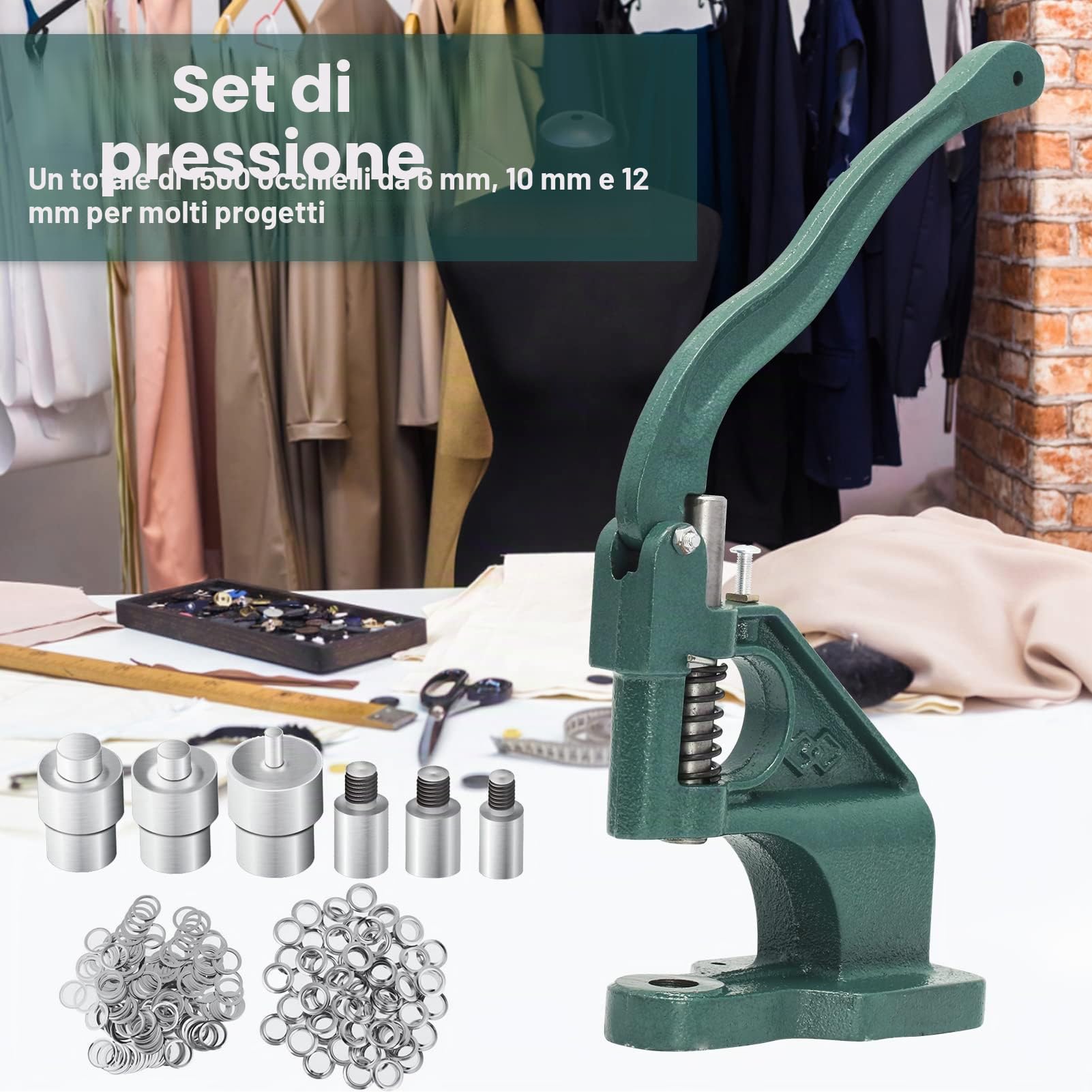 Emoshayoga Pressa per Occhielli con 1500 Occhielli per Borchie Occhiellatrice Macchina Occhiello Pressatrice Torchietto per Tende Cinture Borse Teloni (Turchese)