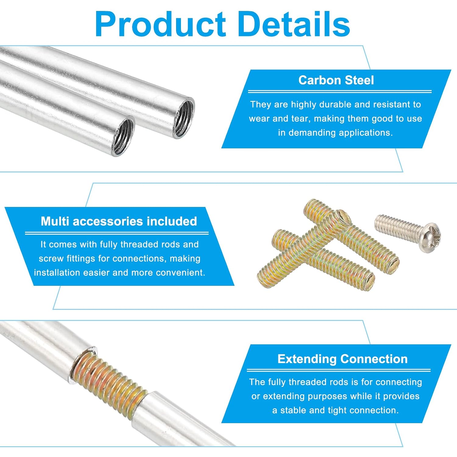 PATIKIL 95mm (3.7") Round Coupling Nuts Kit, M4 Threaded Connector Bar Hardware with Fully Thread Rods Screws for Lamp Model Furniture DIY Repair Part