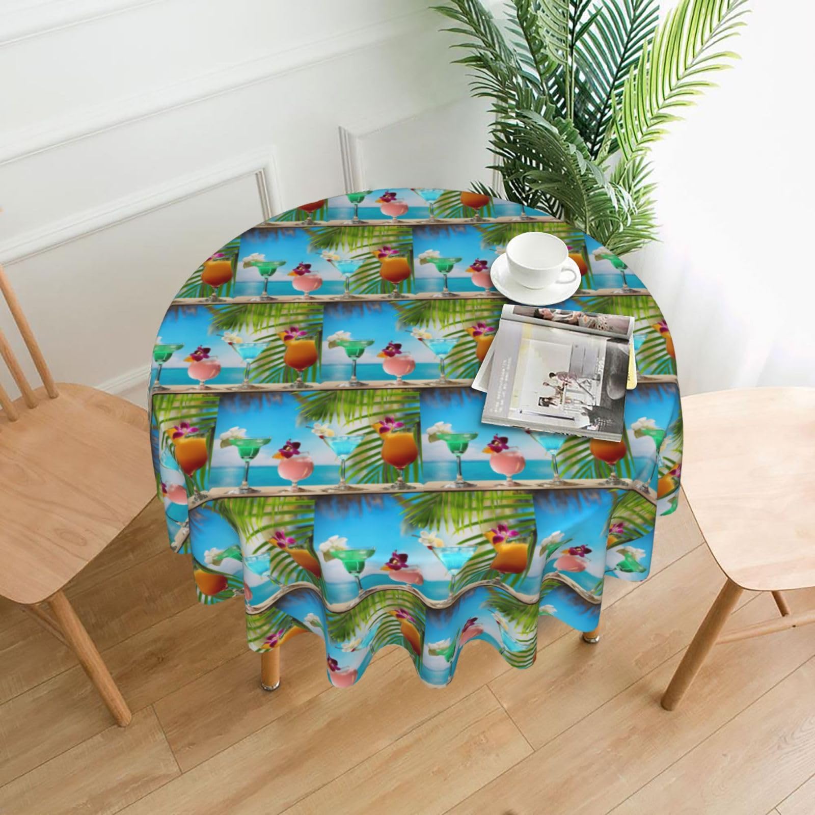 Zcmkjlg Tropical Cocktails Print Quick Ship Round Tablecloth 60in Polyester Washable Cover for Dining Room