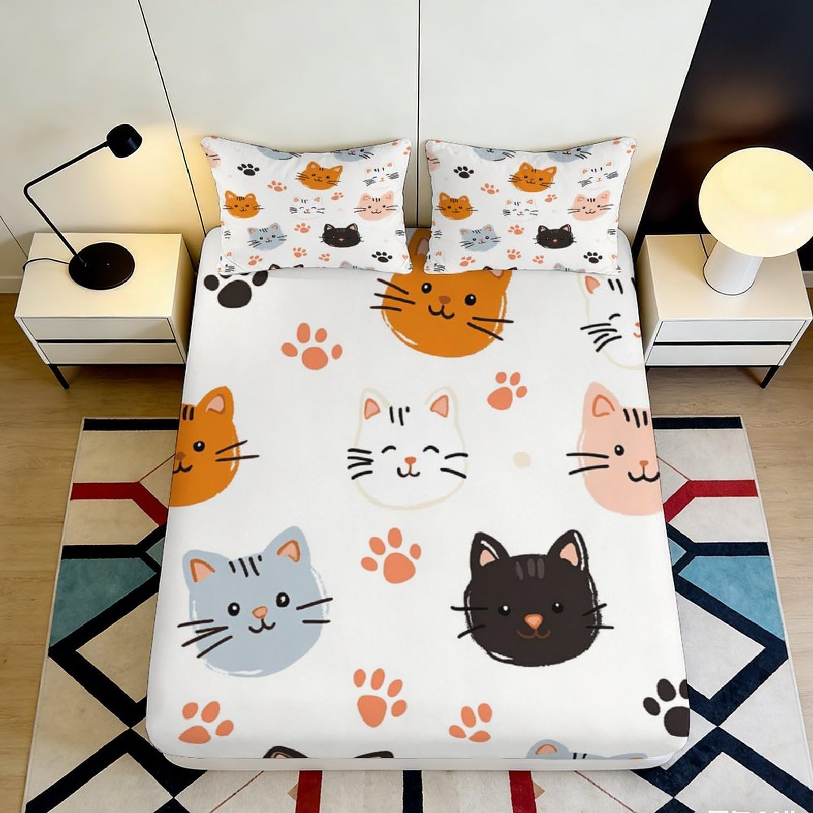 3D Printed Cartoon Cat Fitted Sheet Microfiber Soft Multicolor Paw Pattern Mattress Cover for Bedroom Dorm Protection 140x200x25cm
