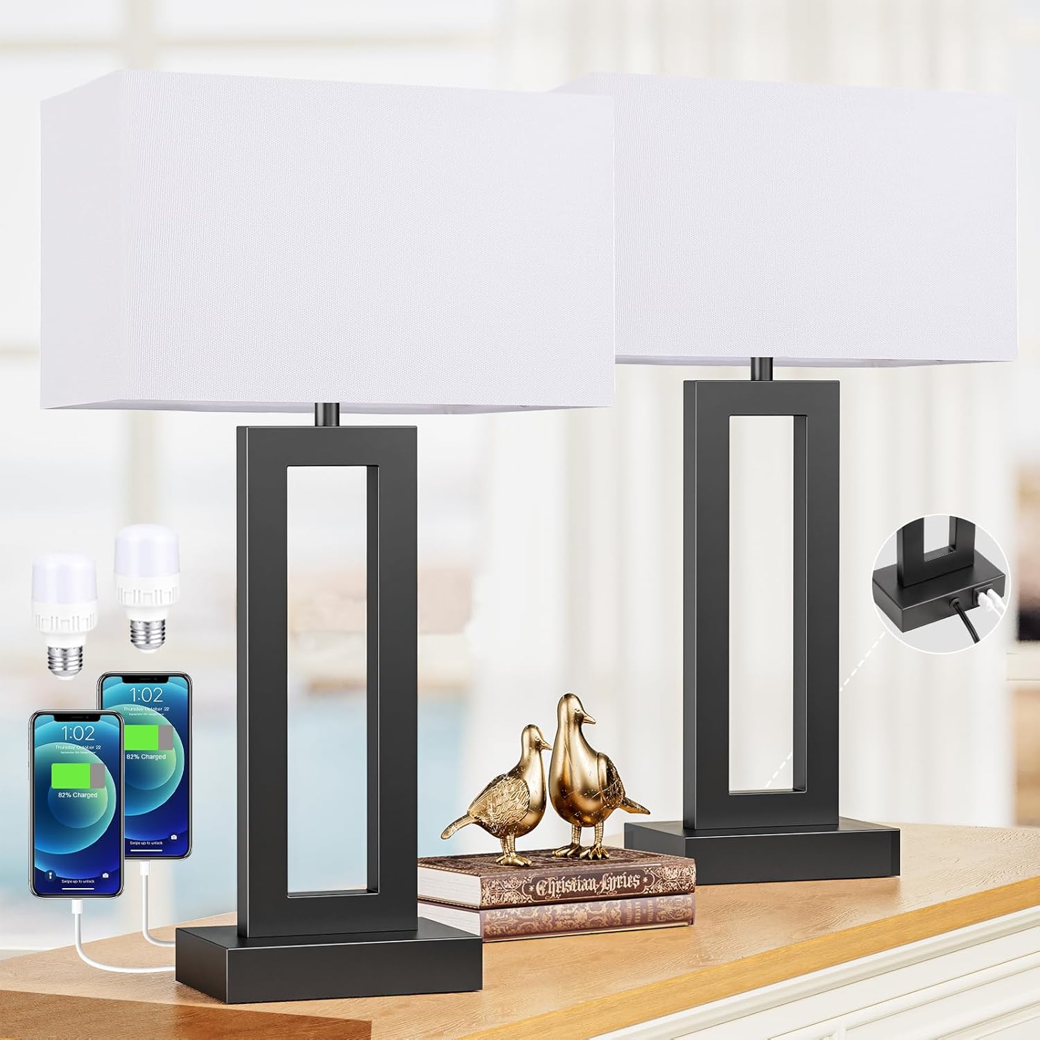 Seealle 22"" Tall Living Room Lamps for Night Stands - Touch Bedside Lamp with USB C+A, 3 Way Dimmable Bedroom Lamps for End Tables Set of 2, Modern Night Stand Lamps for Bed Side(White&Black) Large(22in) C. White&Black