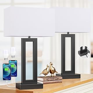 Seealle 22" Tall Living Room Lamps for Night Stands - Touch Bedside Lamp with USB C+A, 3 Way Dimmable Bedroom Lamps for End Tables Set of 2, Modern Night Stand Lamps for Bed Side(White&Black)