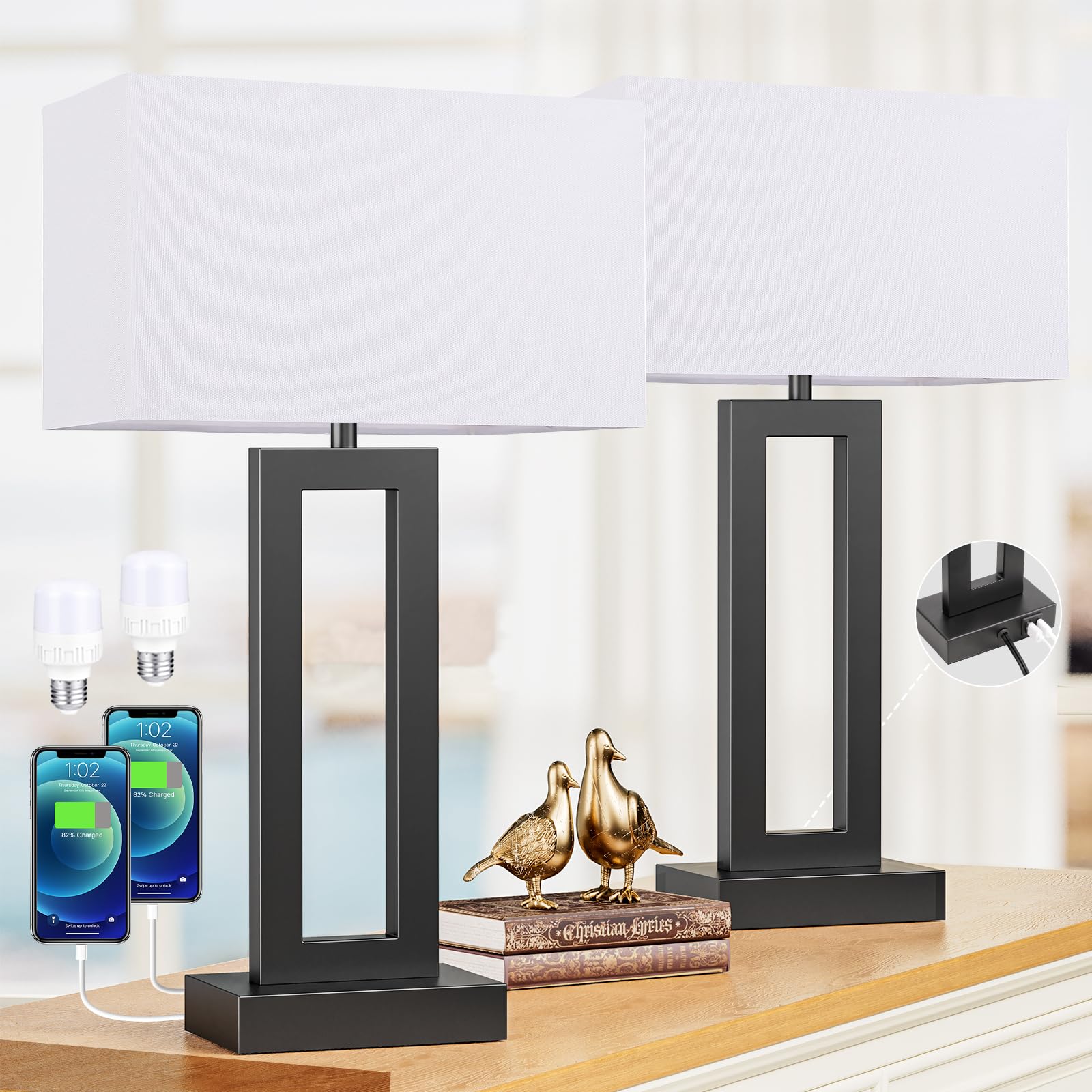 22" Tall Modern Living Room Lamps - Touch Bedside Lamps with USB C+A, 3 Way Dimmable for Bedroom End Tables Set of 2 (White & Black)
